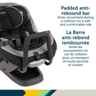 Close-up of the padded anti-rebound bar designed to limit movement in rear-facing mode during a collision.