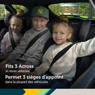 Lifestyle image of three kids using Growmate boosters side-by-side, showcasing its slim 3-across fit in the back seat.