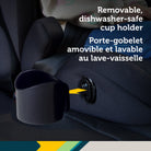 Close-up lifestyle image of the removable cup holder being detached from the booster, highlighting its dishwasher-safe design.