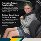 Lifestyle image of a child easily buckling themselves in, showing proper seat belt positioning at the correct height.