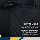 Zoomed-in shot of the soft seat fabric highlighting the machine-washable and dryer-safe cover for easy cleaning.