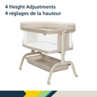 Diagram showing 4 height adjustment positions on the Safety 1st EasyGlide Bedside Bassinet to match bed height.