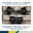 Close-up of the SecureTech magnetic chest clip displaying red-to-green visual indicators for proper buckling.
