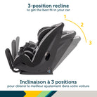 Grow and Go car seat on a white background demonstrating 3 recline positions for a proper fit in the car.
