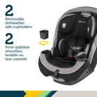 Safety 1st Grow and Go car seat on a white background highlighting dual removable, dishwasher-safe cup holders.