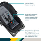 Close-up detailing the 4 harness heights, 3-position adjustable buckle, and one-pull harness tightener.