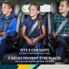 Three children sitting side-by-side in Safety 1st SlimRide car seats across the back seat of a car.