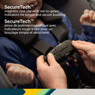Young boy buckled in with a zoomed-in view of the SecureTech magnetic chest clip with red-to-green safety indicators.