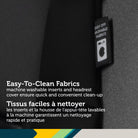 Detailed view of the easy-to-clean machine washable seat cover and removable infant inserts.